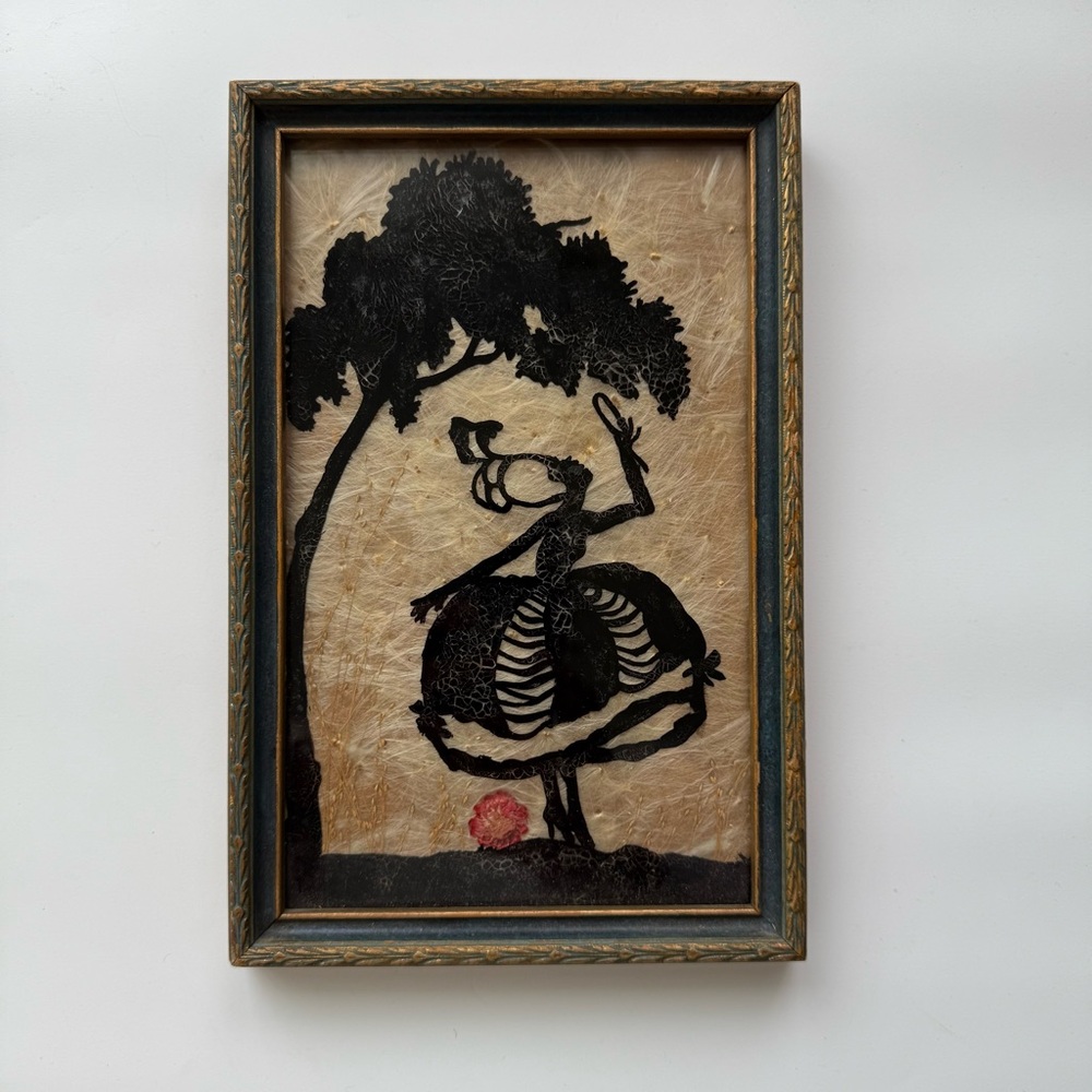 Vintage 30s silhouette reverse painted girl with mirror milkweed background